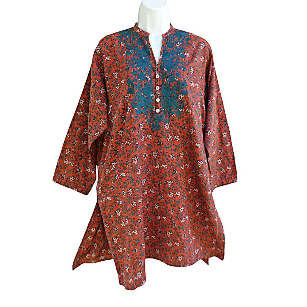 Khaadi Floral Cotton Embroidered Tunic Dress Banded Split Neck Button Accents 14